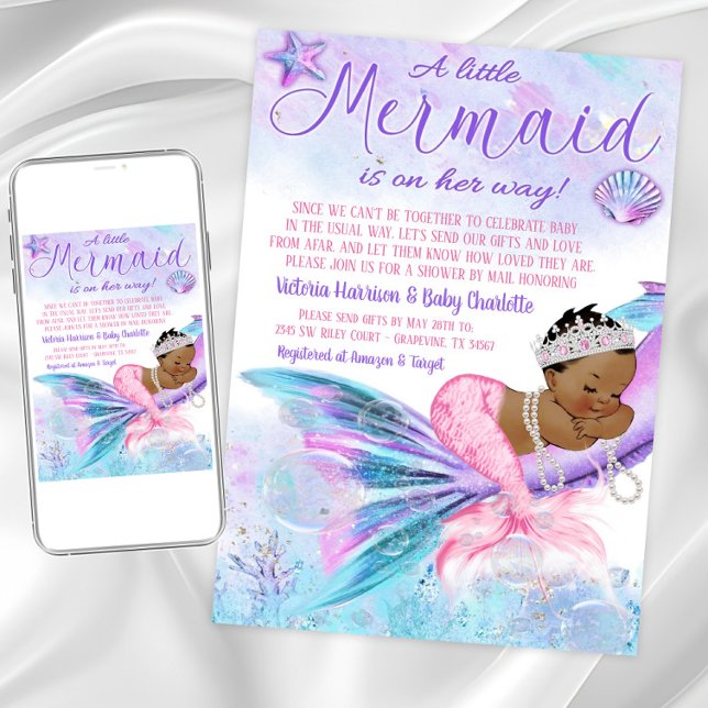 Convite Sereia Africana - Chá de fraldas de longa distânci (Cute mermaid baby shower invitation. Instant download and printed invitations available.)