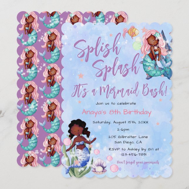Convite Sereia afro-americana Sparkle Bash Birthday (Frente/Verso)