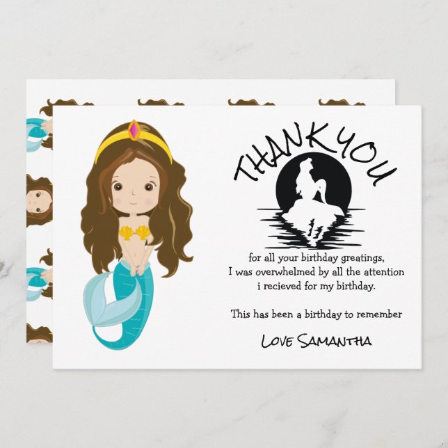 Convite Sereia Amarelo Aniversário Obrigado (Frente/Verso)