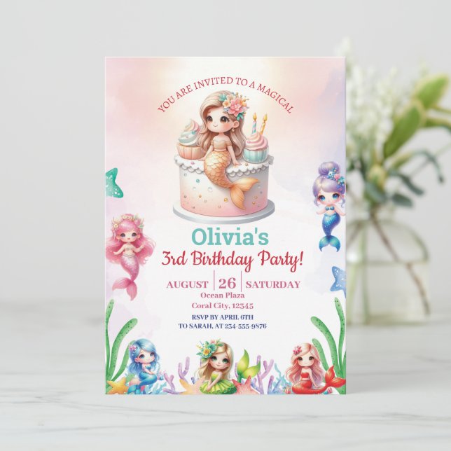 Convite Sereia, aniversário de 3 anos de festa mágica (Em pé/Frente)
