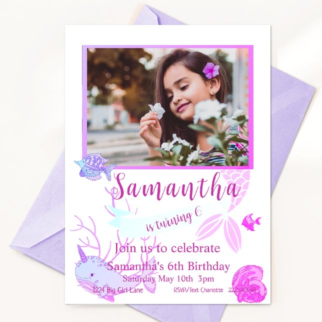 Convite Sereia Aniversário, Sob o Mar, 6 Aniversário (Criador carregado)