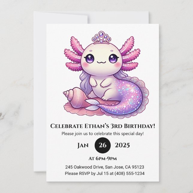 Convite Sereia Axolotl Princesa Birthday (Frente)