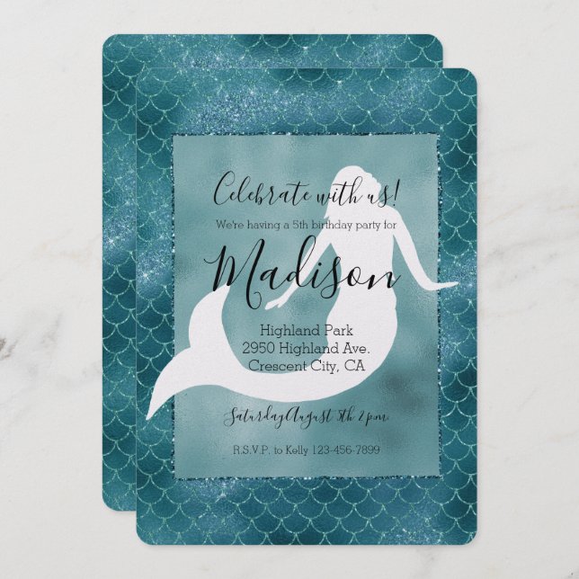 Convite Sereia Azul Aqua Azul-Brilhante (Frente/Verso)