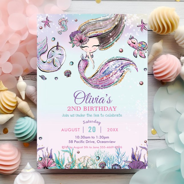 Convite Sereia Bonito, crua, sob o Aniversário do Mar Roxo (whimsical cute brunette mermaid under the sea pool birthday party invitation cards printed download)