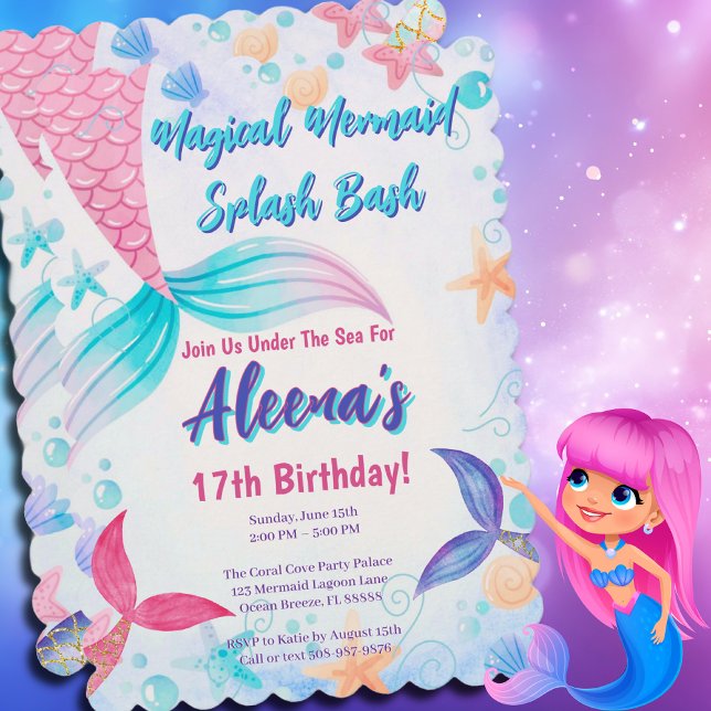 Convite Sereia Branca 17º Aniversário (Magical Mermaid Birthday Party Invitation)
