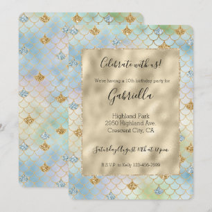 Convite Sereia Brilho Dourado Azul Aqua Menta