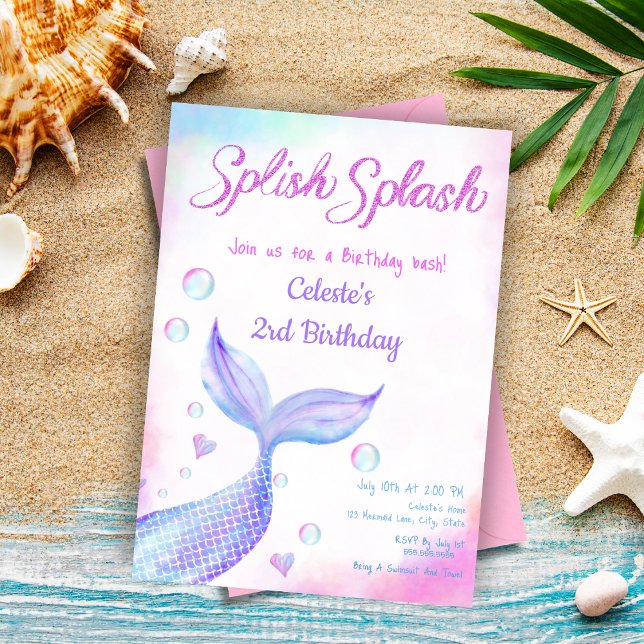 Convite Sereia Caprichosa de Aquarela Espeta Esplende Bril (Create mer-mazing memories with our customizable 'Splish Splash' invitation!)