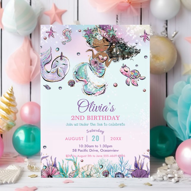 Convite Sereia Castanha Cuta sob o Mar Narwhal Aniversário (cute black african brown mermaid under the sea shells pool birthday party invitation cards digital  )