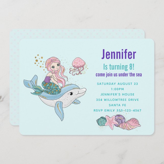 Convite Sereia cavalgando um golfinho sob o próximo aniver (Frente/Verso)