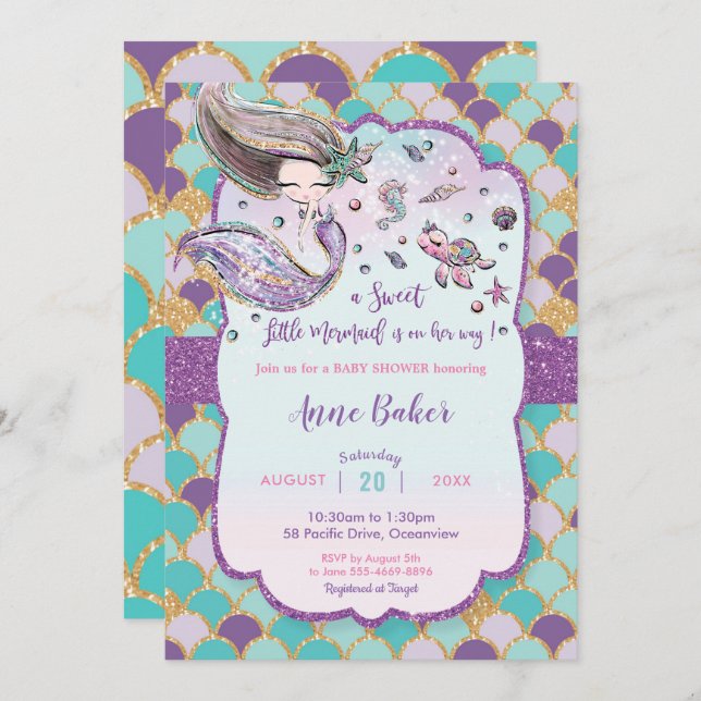 Convite Sereia Chá de fraldas debaixo do mar cria moça (Frente/Verso)