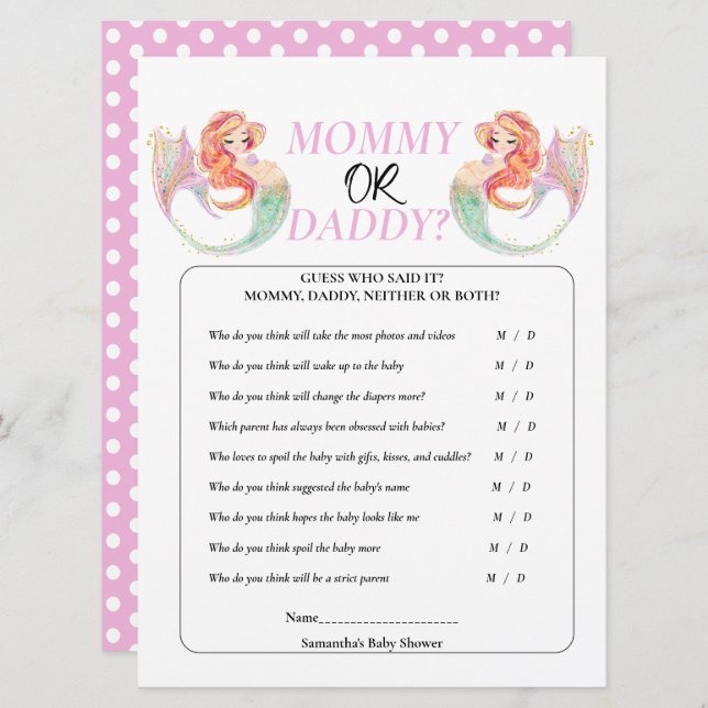 Convite Sereia chá de fraldas debaixo do mar. Mamãe ou Pai (Frente/Verso)