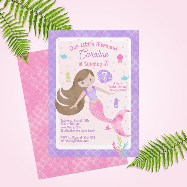 Convite Sereia com Cabelo Castanho Rosa Púrpura Aniversári (Criador carregado)
