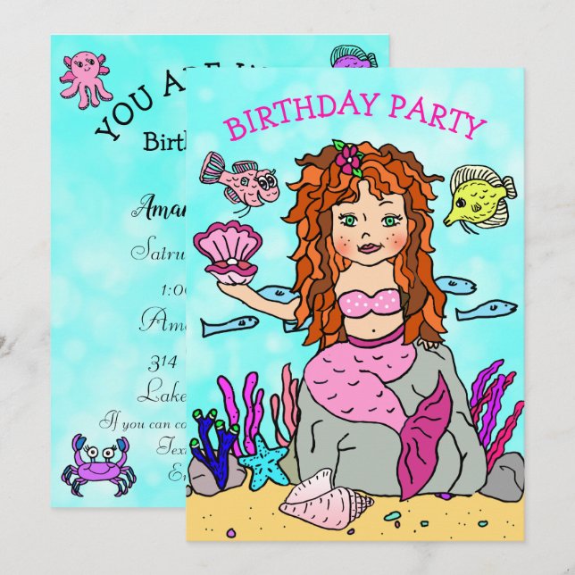 Convite Sereia com Shell sob a Festa de aniversário do mar (Frente/Verso)