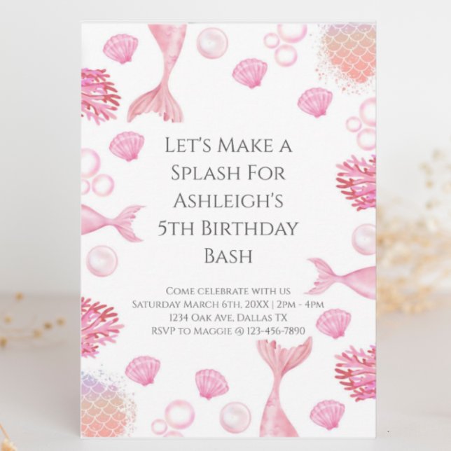 Convite Sereia Cor-de-rosa com Festa de aniversário (Criador carregado)