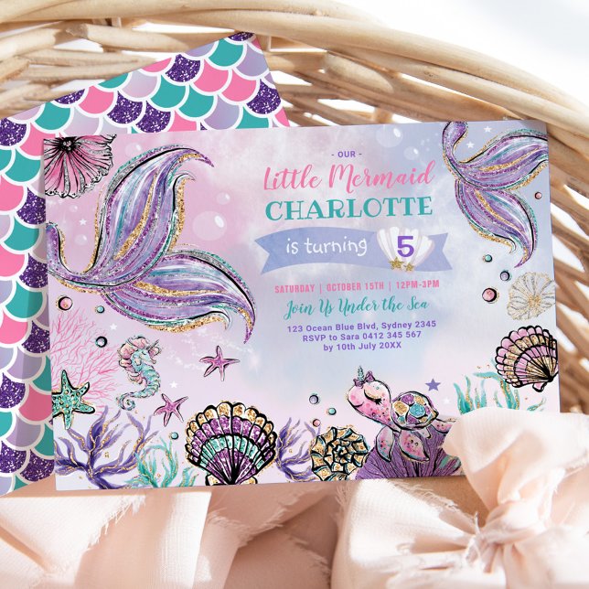 Convite Sereia Cuta Debaixo da Festa de aniversário do Mar (Criador carregado)