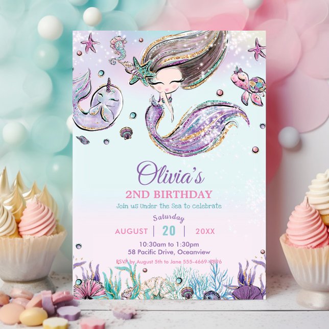 Convite Sereia Cuta Sob O Mar Narval Aniversário Roxo (cute brunette mermaid under the sea turtle seahorse purple pink pool birthday party invitation cards)