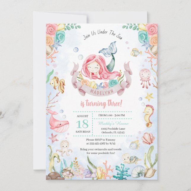 Convite Sereia Cuta Sob O Partido Da Piscina Do Mar Aniver (Frente)