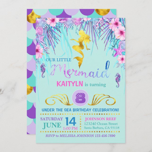 Convite Sereia da faísca sob o aniversário do mar (Frente/Verso)