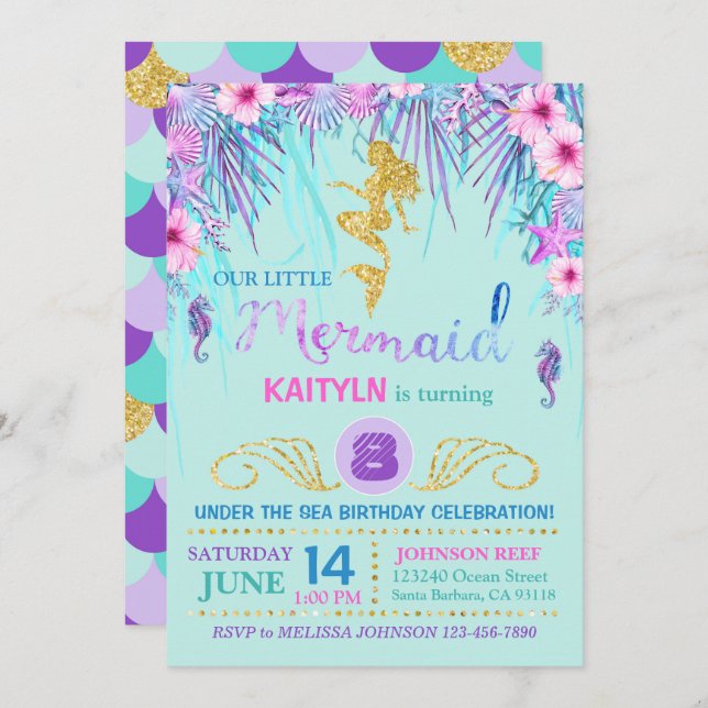 Convite Sereia da faísca sob o aniversário do mar (Frente/Verso)