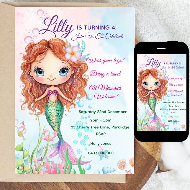 Convite Sereia de Aniversário - Personalizado (Personalized Watercolor Mermaid Birthday Invitation | Editable Text | Digital or Printed | Coloring )