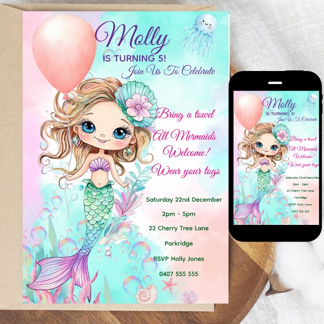 Convite Sereia de Aniversário - Personalizado (Personalized Watercolor Mermaid Birthday Invitation | Editable Text | Digital or Printed | Coloring )