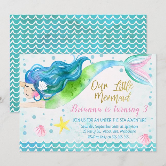 Convite sereia de aquarela (Frente/Verso)