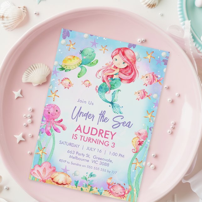 Convite Sereia de Cabelo Vermelho de Verão sob o Aniversár (Under the Sea Birthday Invitation Any age, Red Hair Mermaid Birthday Invitation Girl, Sea Creatures)