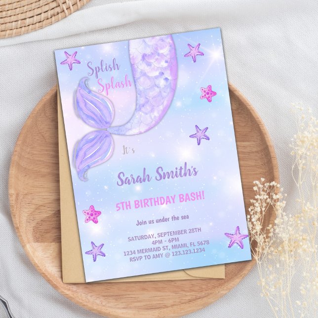 Convite Sereia de Estrela Roxa Personalizável Aniversário (Purple Star Mermaid Birthday Invitations)