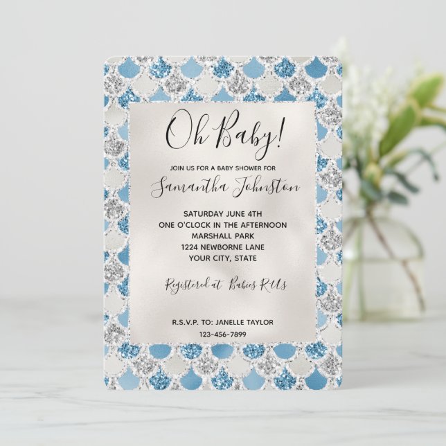 Convite Sereia de Turquesa Prateada com Brilho Pérola (Em pé/Frente)