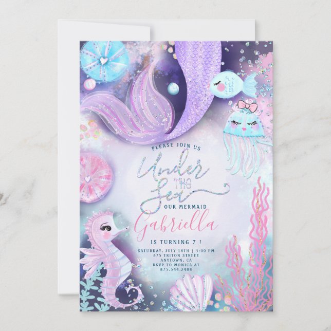 Convite Sereia debaixo do mar Animais de aniversário (Frente)