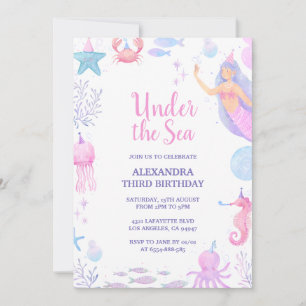 Convite Sereia Debaixo do Mar Aquarela Menina 3º Aniversár