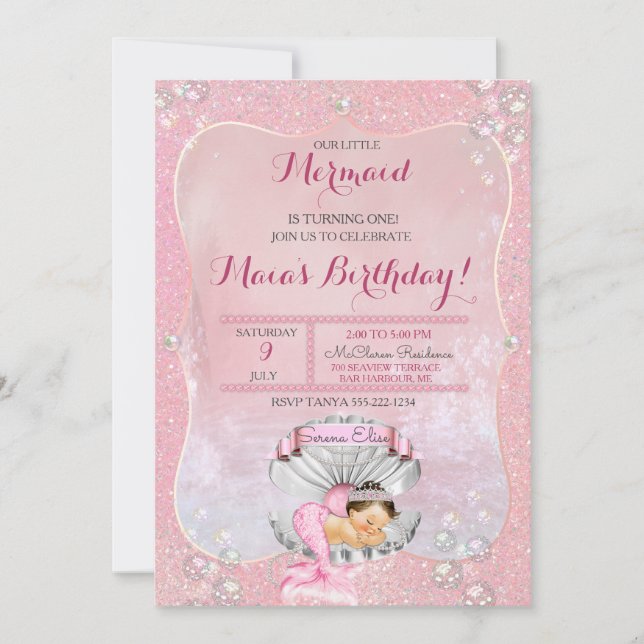 Convite Sereia Dormindo Menina Rosa Pearls Clam Shell (Frente)