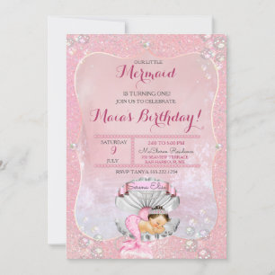 Convite Sereia Dormindo Menina Rosa Pearls Clam Shell