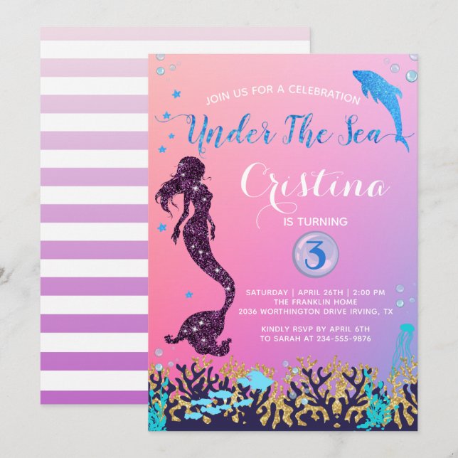 Convite Sereia e golfinho sob a Festa de aniversário do ma (Frente/Verso)