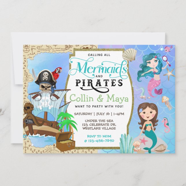 Convite Sereia E Pirata Aniversário, Concurso De Aniversár (Frente)