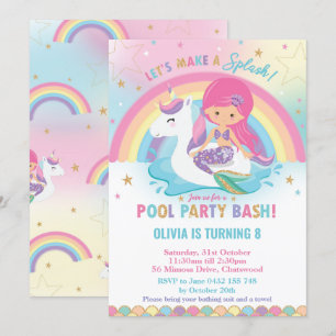 Convite Sereia e Piscina do Unicórnio, Aniversário Pink