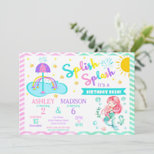 Convite Sereia e Splash Pad Festa de Aniversário Conjunta 