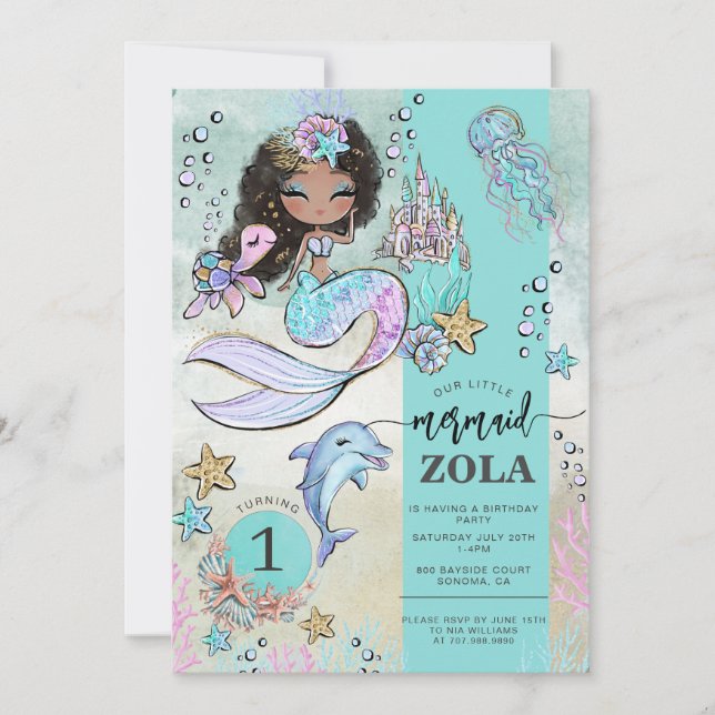 Convite Sereia Editável Sob O primeiro aniversario Do Mar (Frente)