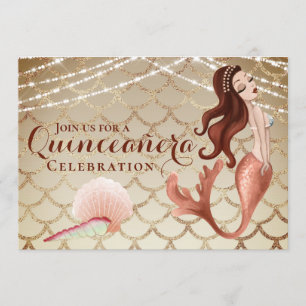 Convite Sereia em Rosa Dourada sob o mar Quinceañera