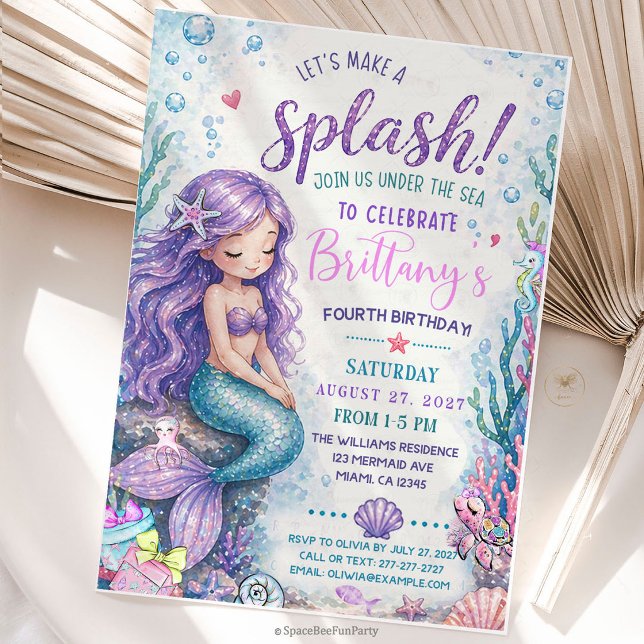 Convite Sereia Espadanando debaixo do Mar (Make a splash with this adorable Mermaid “Splish Splash Under the Sea” Birthday Invitation — perfect)