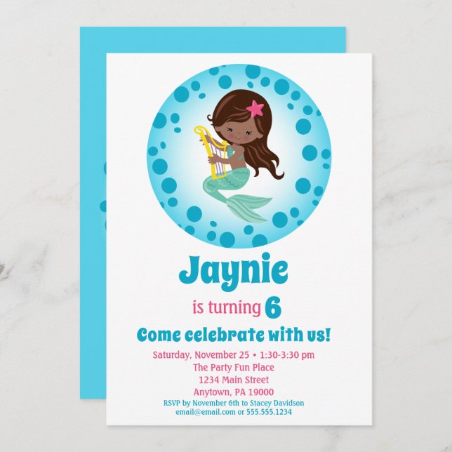 Convite Sereia - Festa de aniversário Afro-Americana (Frente/Verso)