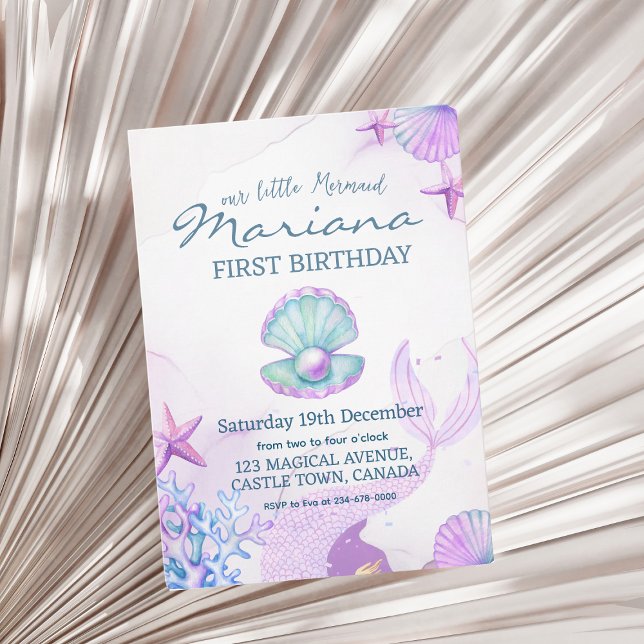 Convite Sereia Festa de aniversário Pérola Primeiro Aniver (Criador carregado)
