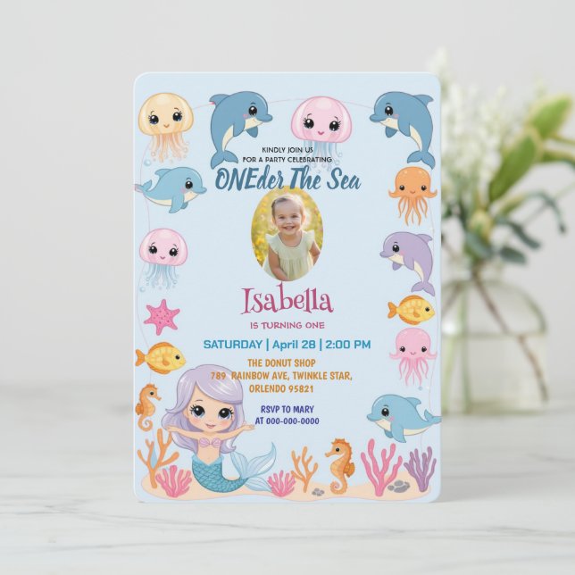 Convite Sereia Foto do Partido 1rua ONEder The Sea Birthda (Em pé/Frente)