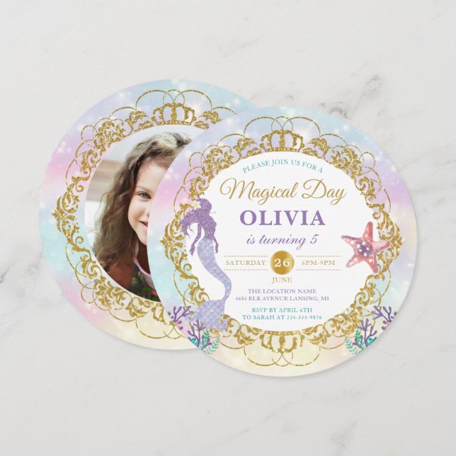 Convite Sereia Glitter Sob A Foto De Aniversário Do Mar (Frente/Verso)