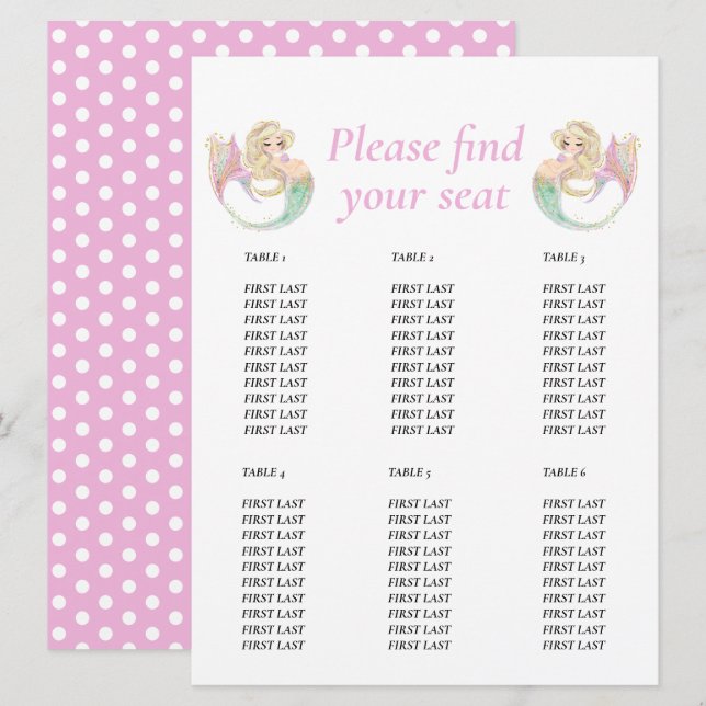 Convite Sereia  Gráfico de tabela  pontos de perfuração (Frente/Verso)