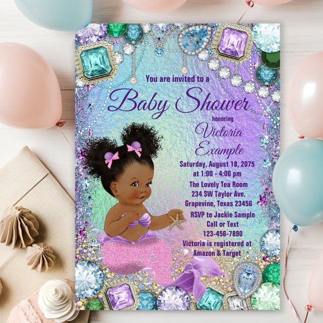 Convite Sereia Jóia Cabelo Afro Rosa Chás de Bebê (You can change all wording and text as needed on this cute any occasion mermaid invitation.)