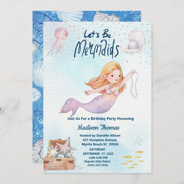 Convite Sereia Lumineira Sob Festa de aniversário Marítima (Frente/Verso)