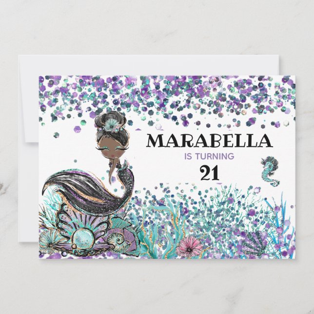 Convite *~* Sereia LUXE GLAM Sob o Partido Sea 21 Aniversá (Frente)