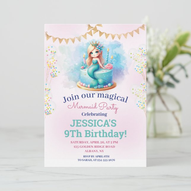Convite Sereia Mágica Da Glitter 9ª Foto De Aniversário (Em pé/Frente)