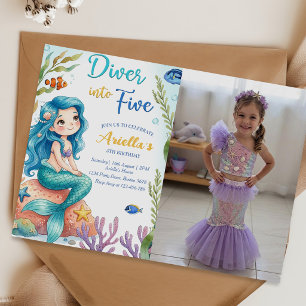 Convite Sereia Mergulhe no Aniversário de Cinco 5 Anos Con